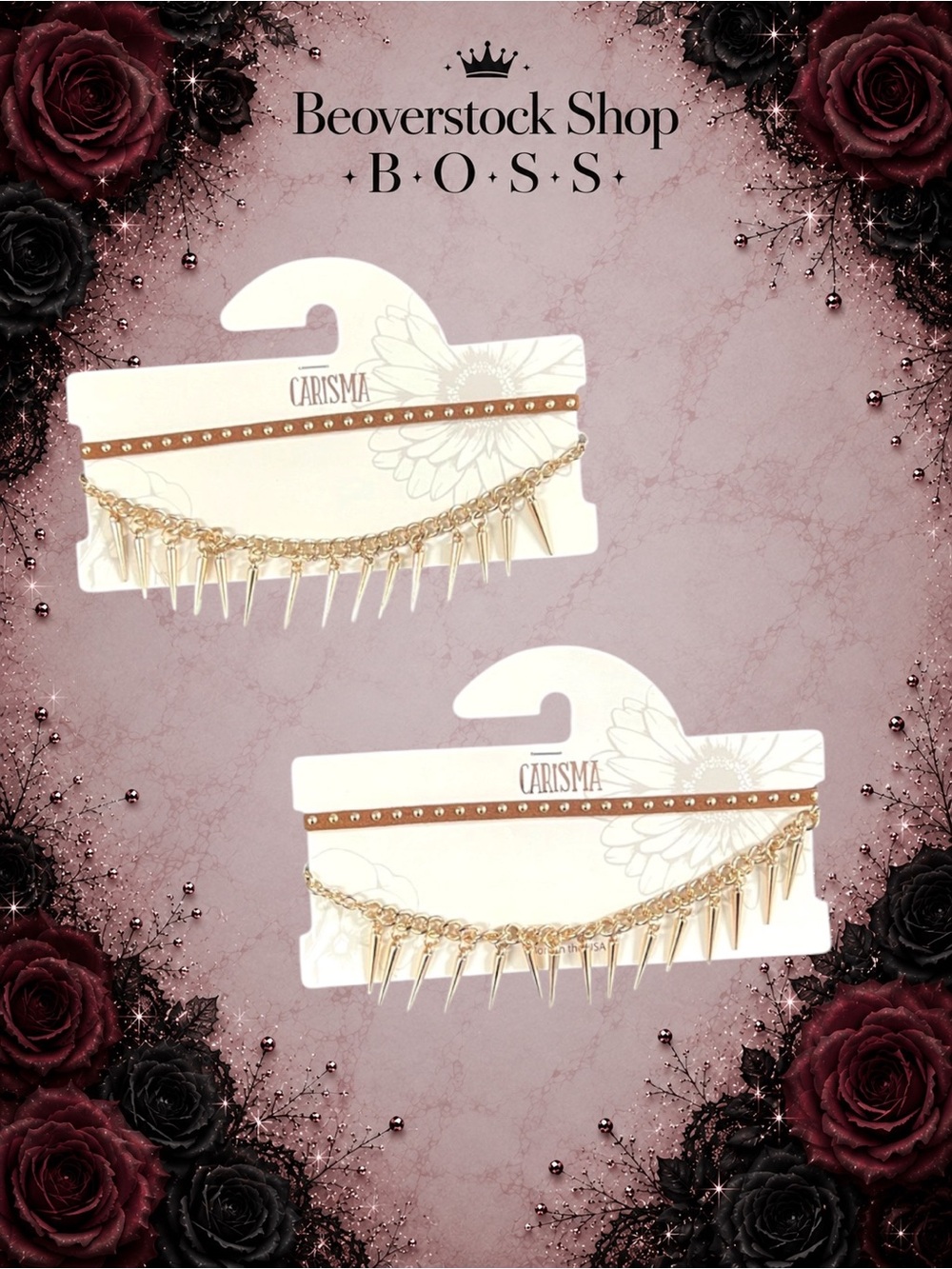 New Carisma Stud & Spike Layered Choker Necklace – Gold/Tan – 2-Pack